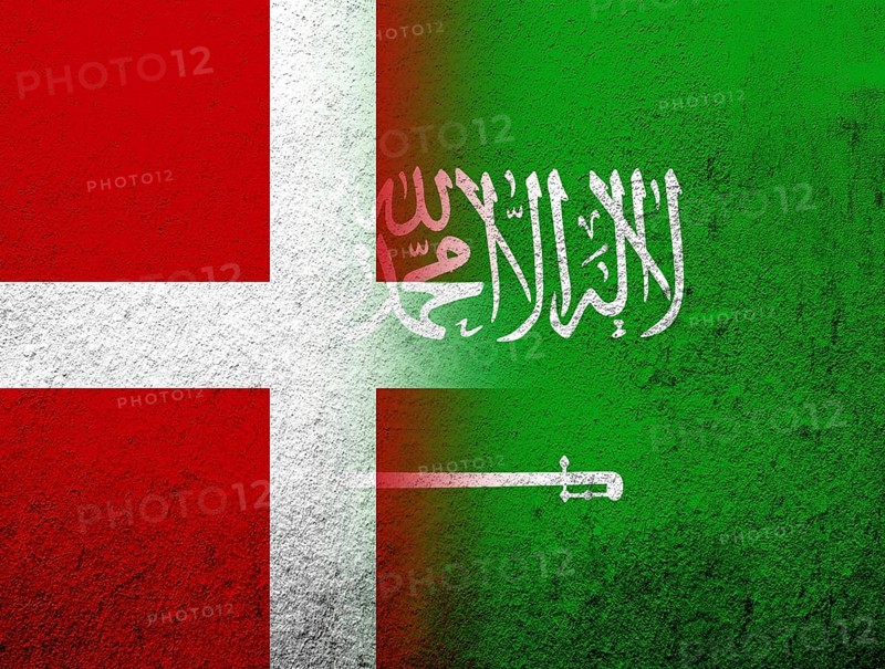 The Kingdom of Denmark National flag with The Kingdom of Saudi Arabia National flag. Grunge Background