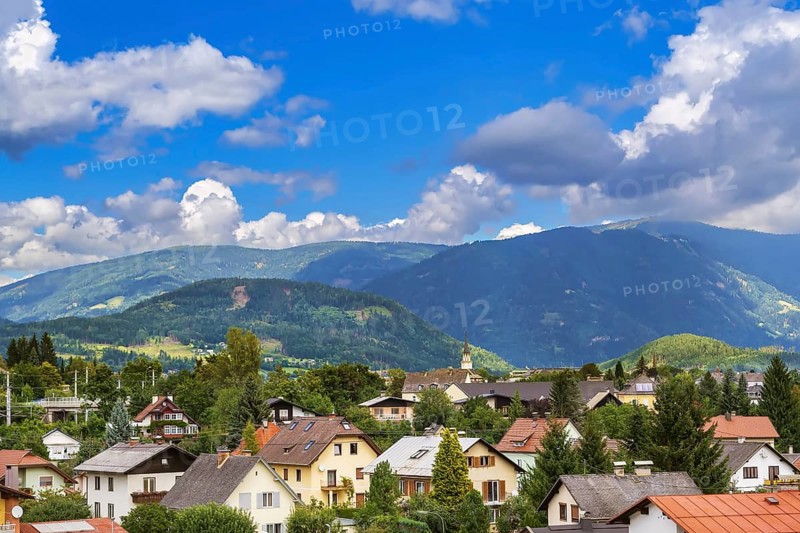 View of Villach and surrounding mountains, Austria, Europe