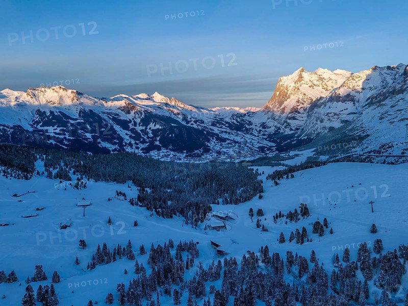 Wetterhorn Mountain at Sunset in Winter. Swiss Alps. Switzerland. Aerial View