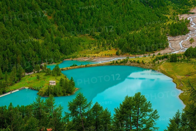 Beautiful Mountain Alp Grüm and Alpine Lake Palü in a Summer Day in Poschiavo, Bernina, Grisons, Switzerland, Europe