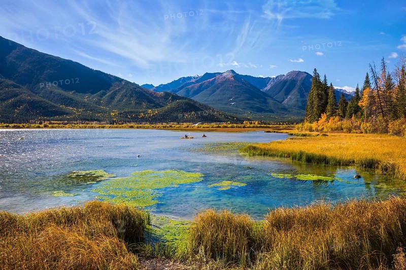 Beautiful Lake Vermilion in Banff National Park. The Canadian province of Alberta, the Rocky Mountains. Perfect sunny day. Concept of active tourism and ecotourism