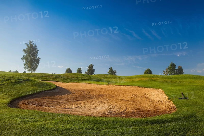 Summer golf course in the morning mist