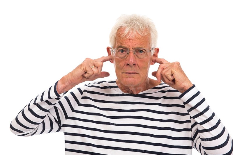 Senior man with too much noise isolated over white background