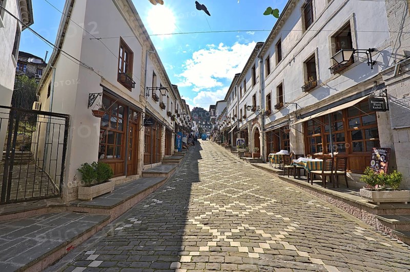 Historic city center of Gjirokastra with souvenir shops and restaurants, which has been modernises for a unified appeareance
