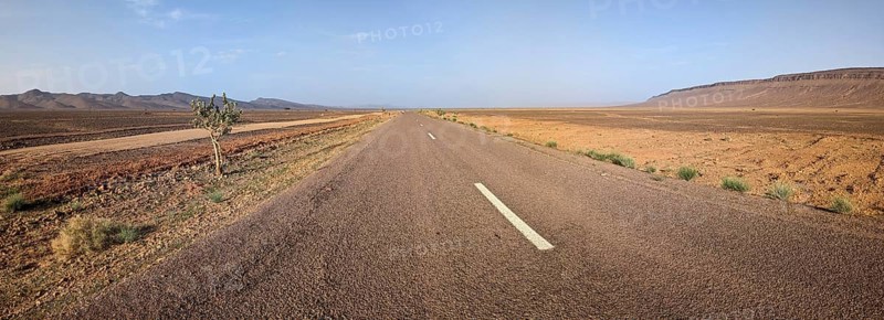 Panorama of an empty long, straight road in south Morocco, surrounded by an arid landscape