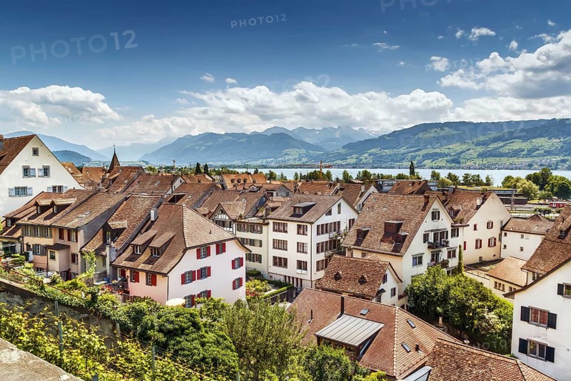 View of Rapperswil and zurich lake from the castle walls, Switzerland, Europe