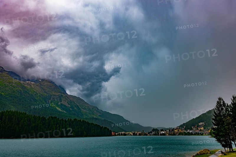 Panoramic View over City and Lake Sankt Moritz and Mountain Valley with Beautiful Storm Clouds in a Summer Day in St Moritz, Grisons, Switzerland, Europe