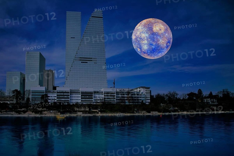 A modern building in front of a bluish full moon is reflected in the river at night, pharmaceutical company Roche, skyscrapers, towers, Rhine, Basel, Switzerland, Mercury, Composing, Europe