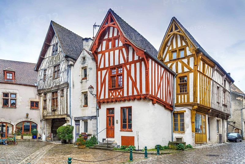Street with historical half-timbered houses in Noyers (Noyers-sur-Serein), Yonne, France, Europe