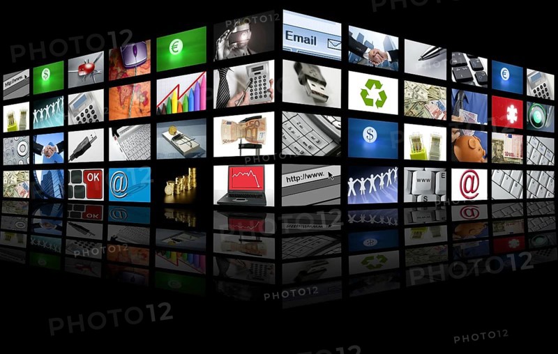 Big Panel of TV screen showing business tech and internet communication