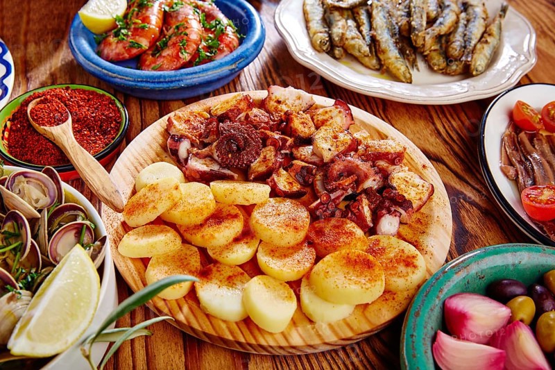Tapas Pulpo a Feira with octopus potatoes gallega style and paprika recipe from Spain