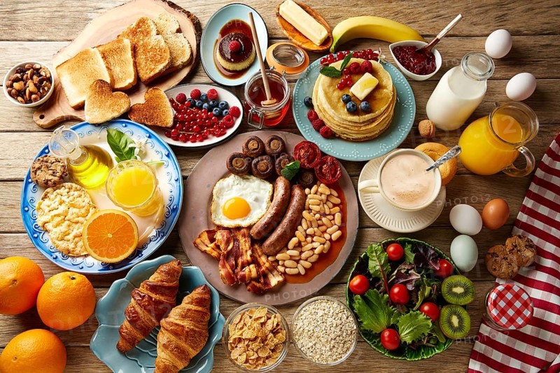 Breakfast buffet full continental and english coffee orange juice salad croissant fruit