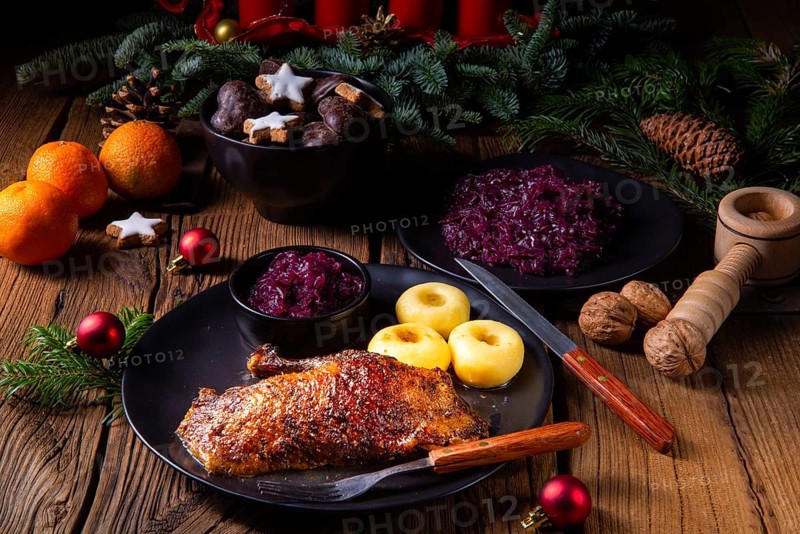 Classic and crispy roast duck with cabbage and dumplings