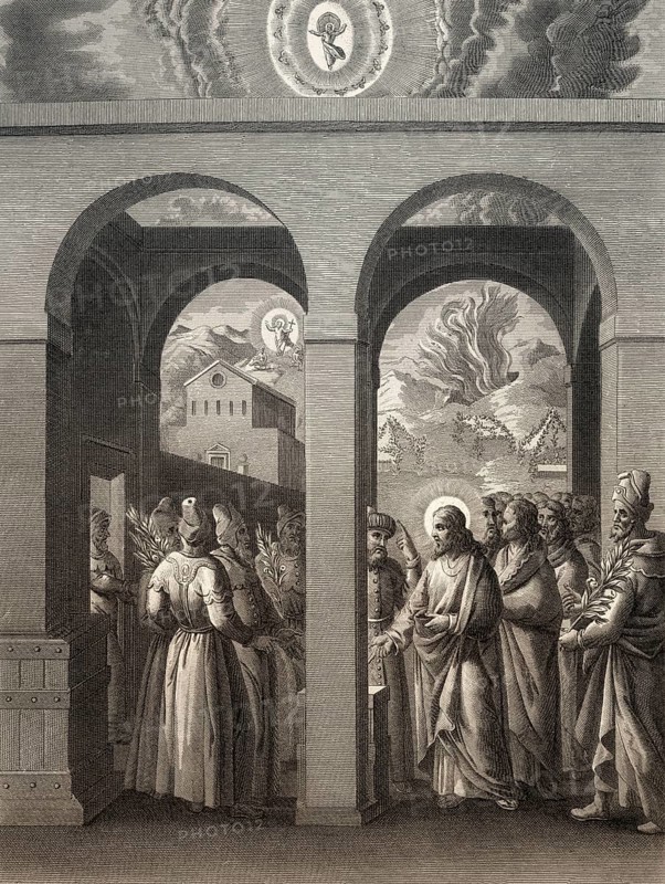 Pharisees try to trap Jesus, New Testament, steel engraving 1853, digitally restored