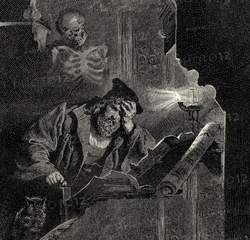 Faust, restless, seated at his desk, first part of the tragic play Faust by Johann Wolfgang von Goethe