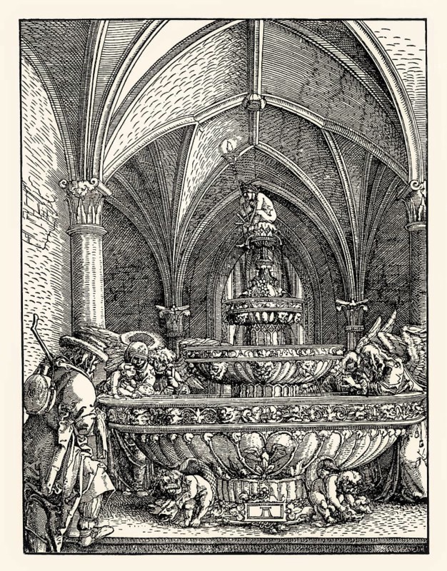 The Holy Family at the fountain, escape to Egypt, Albrecht Altdorfer, 16th century, digitally restored