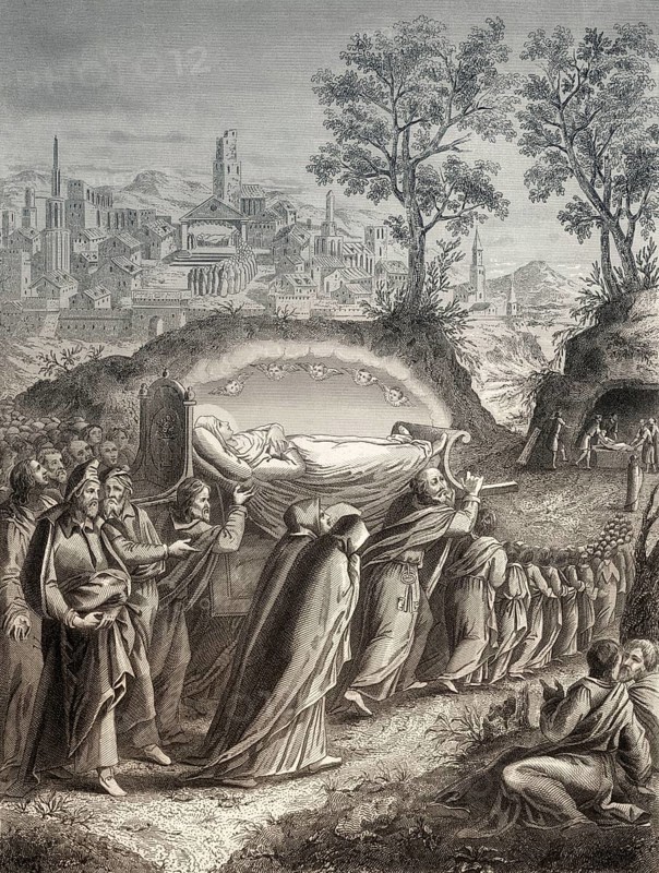 Burial of the Virgin Mary, Steel engraving 1853, digitally restored