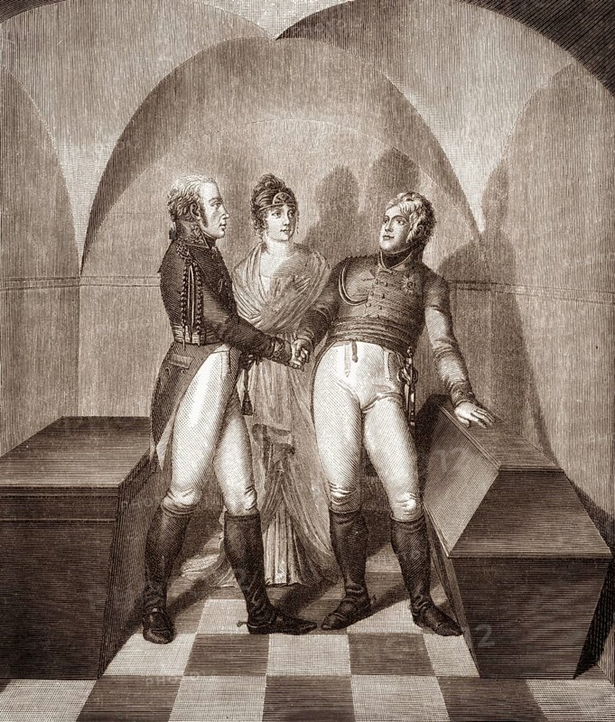 Emperor Alexander I of Russia at the tomb of Frederick II. at the Garrison Church in Potsdam, with Frederick William III of Prussia in the presence of Queen Louise, 1805, Louise of Mecklenburg-Strelitz, 1776 - 1810, queen consort of Prussia