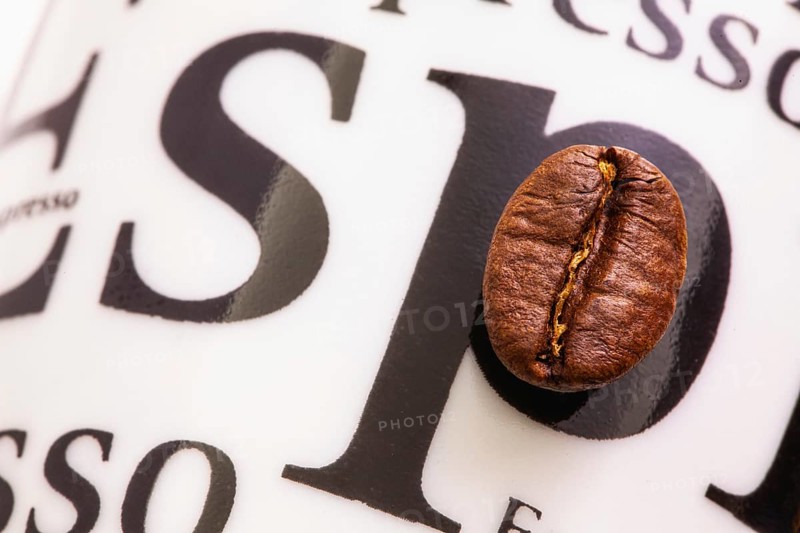 Detail of coffee bean on porcelain coffee cup. Coffee design
