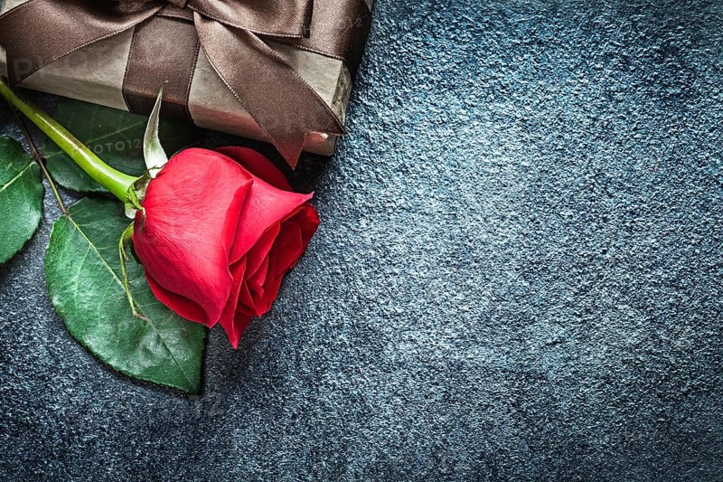 Gift box with brown ribbon red rose on black background holidays concept