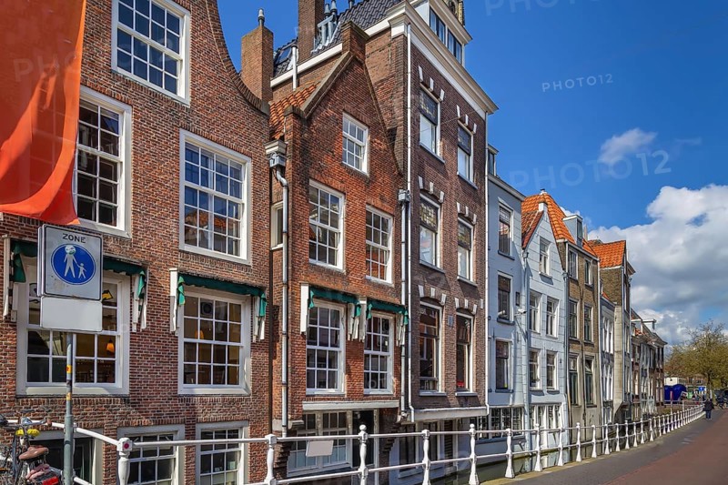 Canal embankment in Delft city center, Netherlands