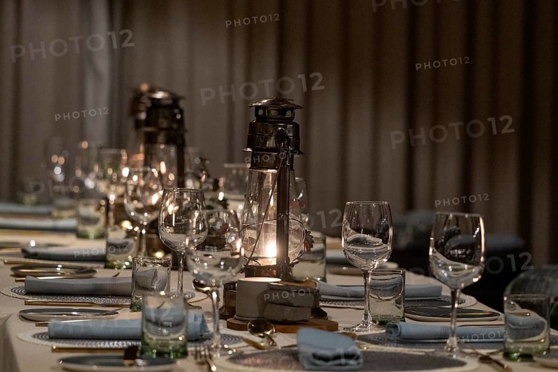 Set table with paraffin lamp, Qwabi Private Game Reserve, Biosphere Reserve, Limpopo, South Africa, Africa