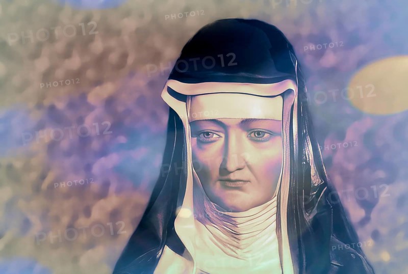Figure of Hildegard of Bingen, Sibyl of the Rhine, 1098 – 1179, German Benedictine abbess and polymath, digitally edited