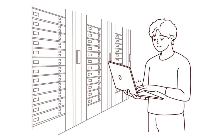 Male engineer with laptop standing near server room with computers. Man IT specialist working in data center near server racks. Vector illustration