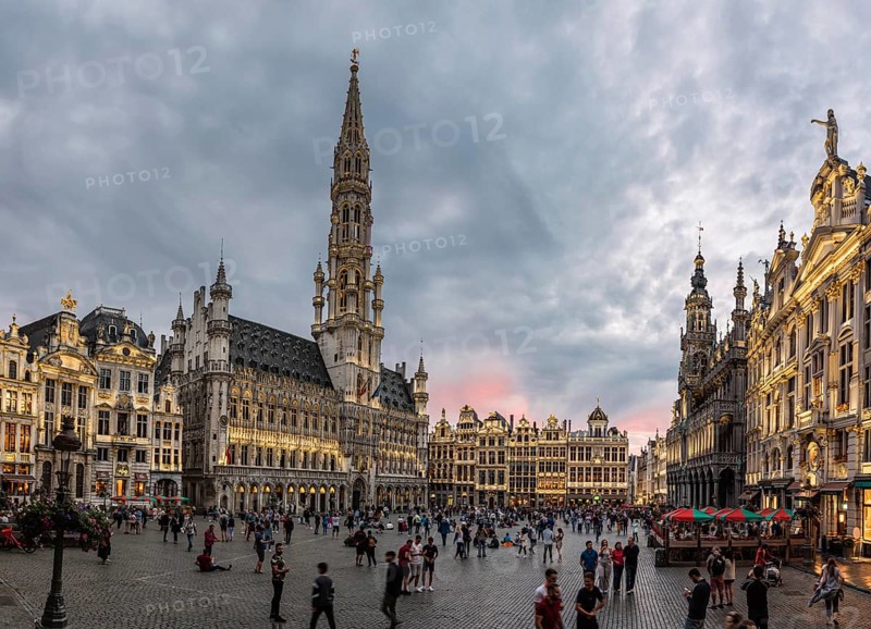 Brussels Old Town, Belgium, 07 18 2019, Panoramic view over the Brussels Grande Place at dusk during summer, Europe