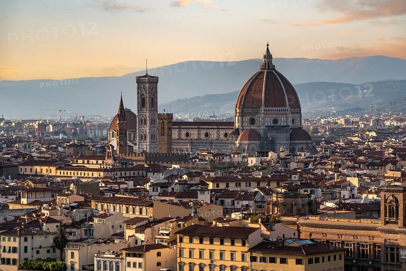 Skyline of downtown Florence during sunset, seen from the famous Piazzale Michelangelo, Italy, Europe