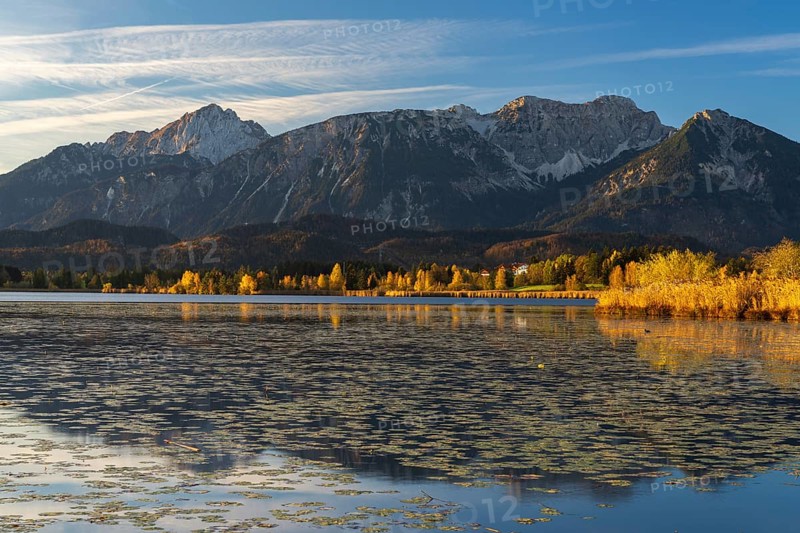 Lake Hopfensee at sunrise with the Allgäuer Alpen in the Background. Fall colors