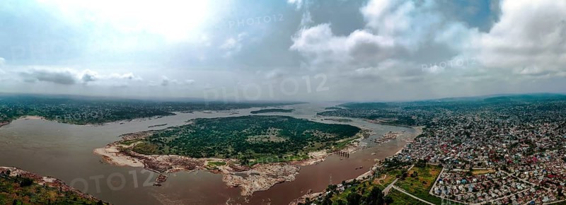 Aerial view of the Congo River separating Brazzaville, the capital of the Republic of Congo, and Kinshasa, the capital of the Democratic Republic of Congo