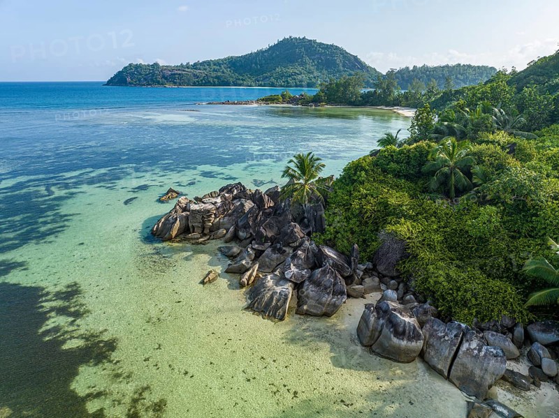 Rocks and palm trees surrounded by clear water on a tropical beach on an island, SEYCHELLEN, Port Glaud