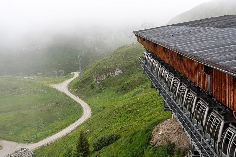 A cable car station with stored gondolas at the Hintertux glacier, Austria, Europe