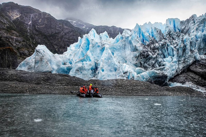 Excursion by Zodiac to the Condor Glacier, Cordillera Darwin, Alberto de Agostini National Park, north-east foothills of the Beagle Channel, Tierra del Fuego, Tierra del Fuego, Patagonia, Chile, South America