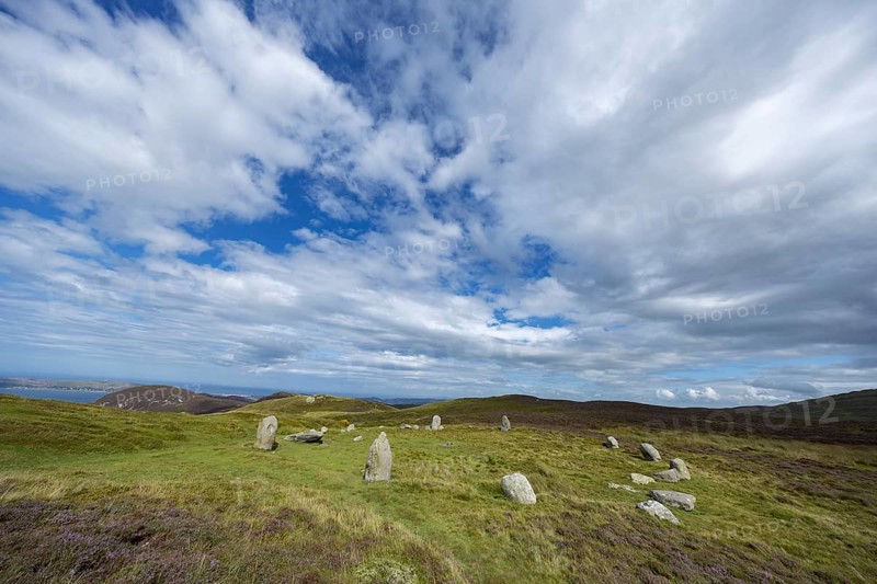 Druids Circle, stone circle in wide landscape with pastures in the mountains, Penmaenmawr, Dwygyfylchi, Caernarfonshire, Conwy County Borough, Wales, Great Britain