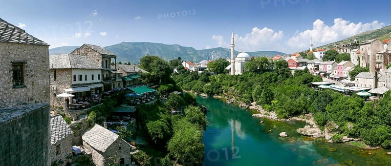 The city of Mostar on the banks of the Neretva River with the Koski Mehmed Pasha Mosque