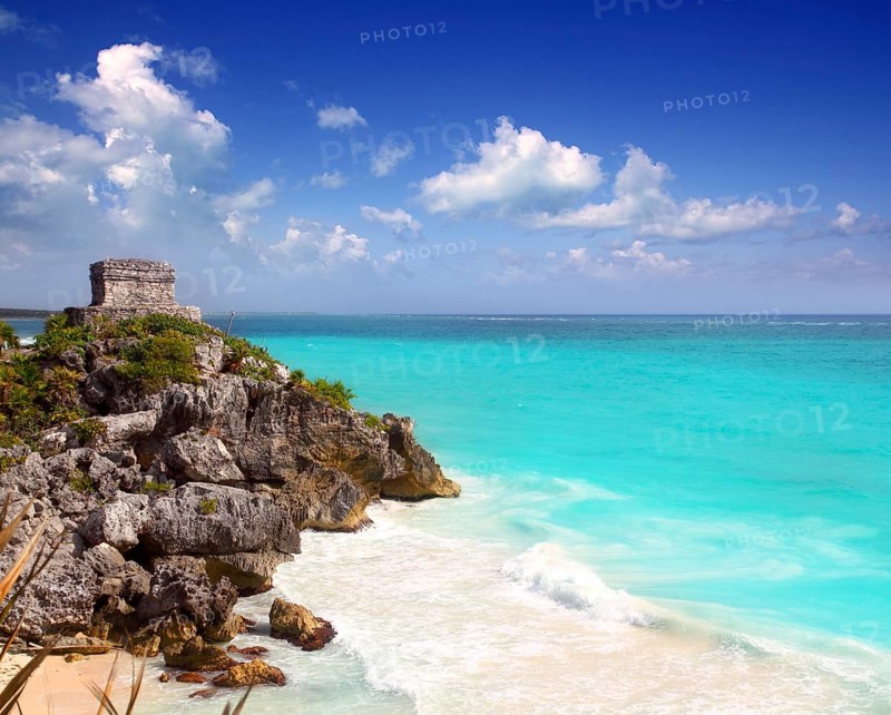 Ancient Mayan ruins Tulum Caribbean turquoise sea direct high view