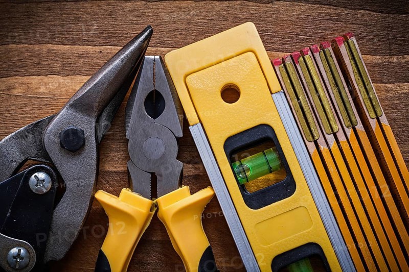 Pliers steel cutter construction level wooden meter top view image