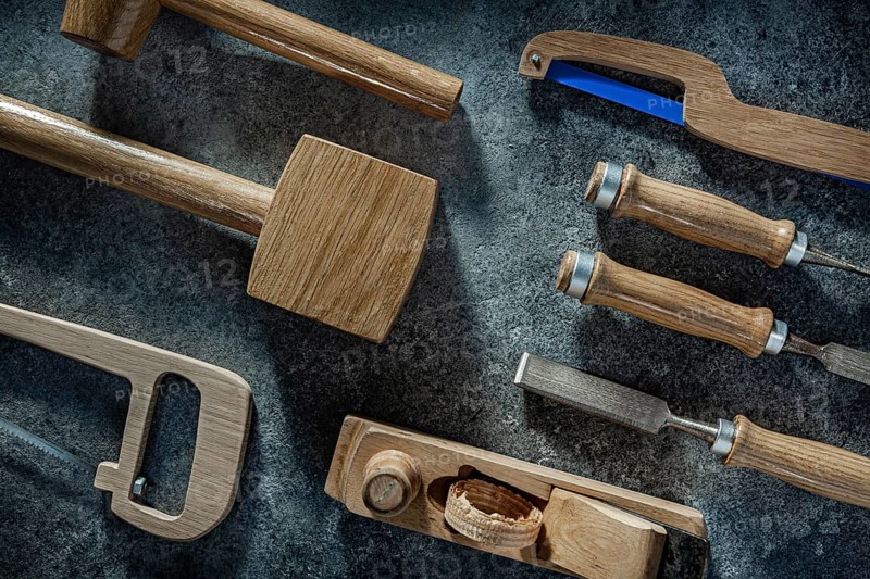 Wooden Mallet And Other Woodworkers Tools In Flat Lay Composed