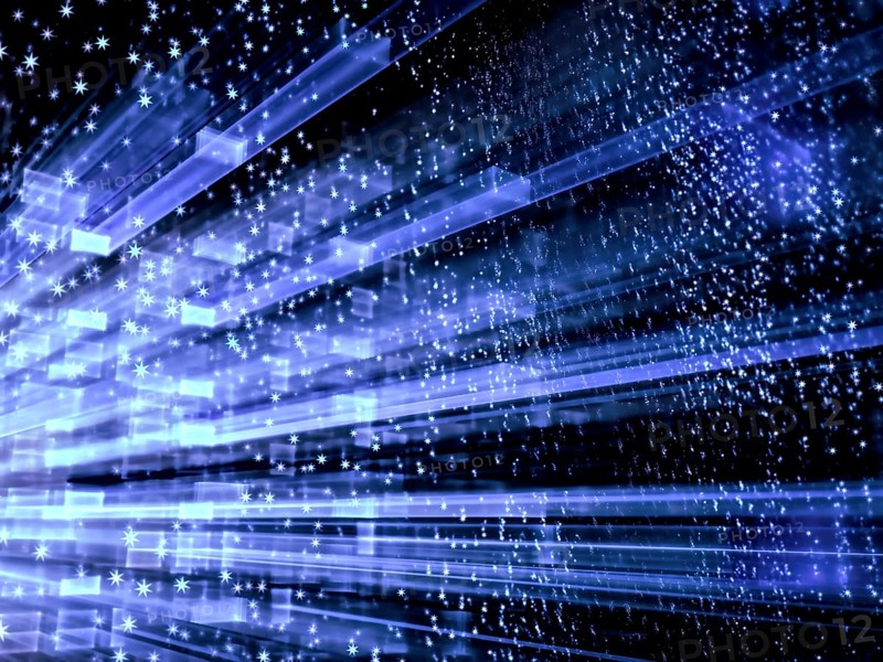 Abstract blurred background - computer-generated image. Fractal art: rectangle grid with perspective, stars and lighting dots like falling snow. Technology concept or hollyday backdrop