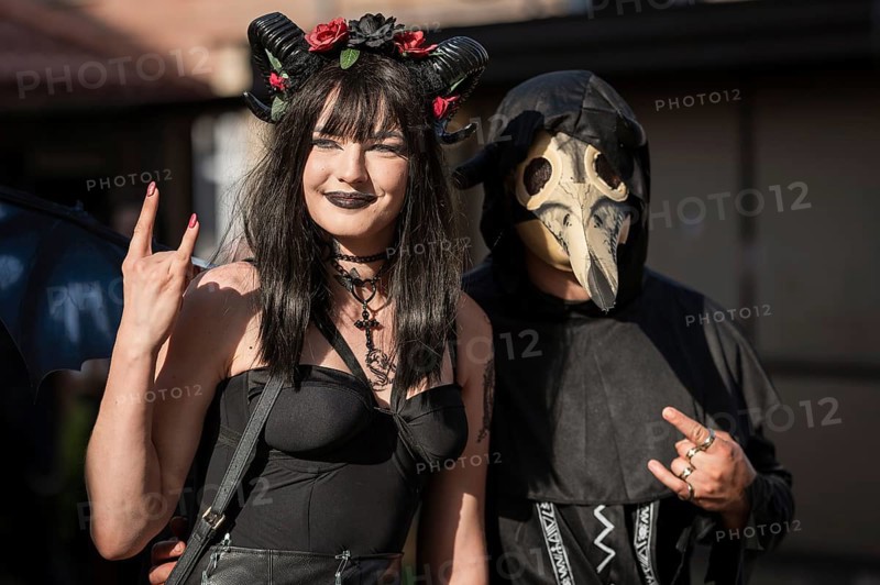BOLKOW, POLAND - JULY 14, 2023: An unidentified participants of the Castle Party on the street in town. Castle Party is a dark independent festival.