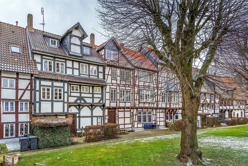 Street with decorative half-timbered houses in Lemgo city center, Germany, Europe