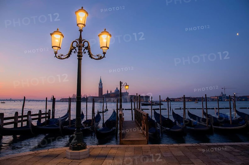 Dawn, Venetian gondolas with the church of San Giorgio Maggiore in the background, Venice, UNESCO World Heritage Site, Veneto, Italy, Europe