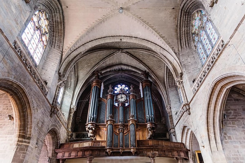 Vannes, France, August 6, 2018: Pipe organ and vaults of the Cathedral of Vannes. It is a Roman Catholic church dedicated to Saint Peter in Gothic style, Europe