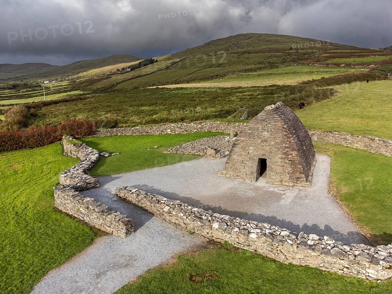 Gallarus Oratory aerial view (Séipéilín Ghallarais), early Christian church, Dingle Peninsula, County Kerry, Ireland, United Kingdom, Europe