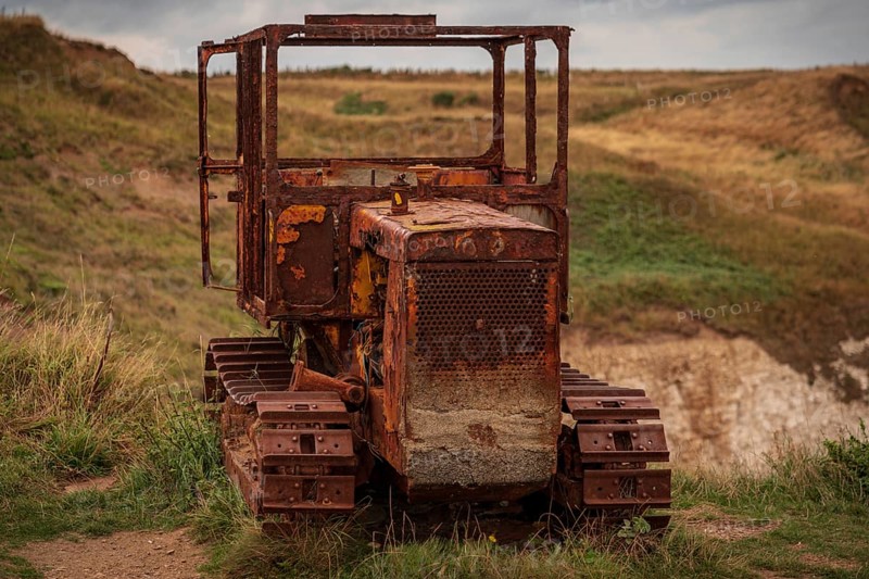 Flamborough, East Riding of Yorkshire, England, UK, September 14, 2018: An old rusty crawler on the cliffs of Flamborough North Landing