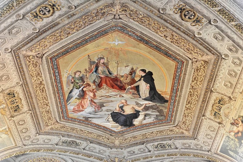Vatican Museums, Vatican, Rome, Italy, Detailed ceiling painting with dramatic depiction of figures in a gilded frame, Vatican, Rome, Lazio, Italy, Europe