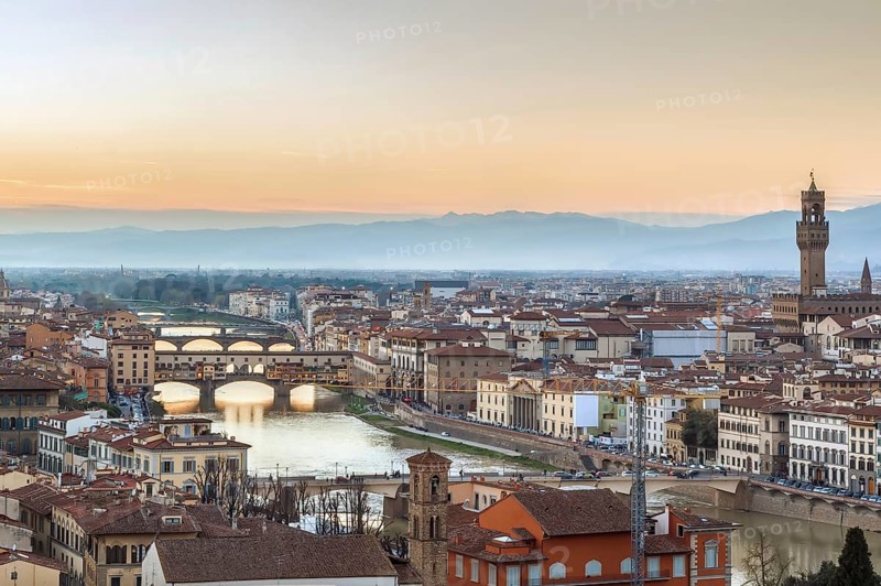 View of Florence with Ponte Vecchio on the sunset from Michelangelo hill, Italy, Europe
