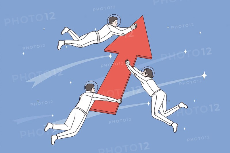 Development and exploring space concept. Group of positive men astronauts cosmonauts holding huge red arrow up meaning development and success vector illustration Abstract vector wall art background. Minimalistic abstract wall art background for print. Scandinavian vector style